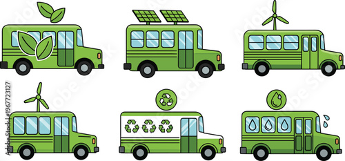 Eco Friendly Bus Transportation Icon Set with Green Energy, Recycling, Solar, Wind and Sustainable Public Transport Elements Flat Vector Collection