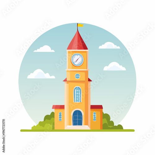 Colorful cartoon illustration of a yellow clock tower building