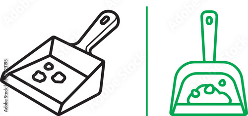 Minimalist vector icons of dustpans collecting debris. Featuring a black isometric outline and a flat green front-facing outline, ideal for representing cleaning, tidying, and maintenance tasks.