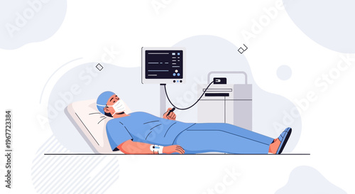 Doctor in blue uniform and mask lying on a hospital bed with medical equipment