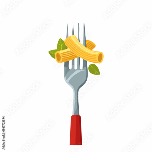 Colorful illustration of rigatoni pasta on a fork with basil leaves