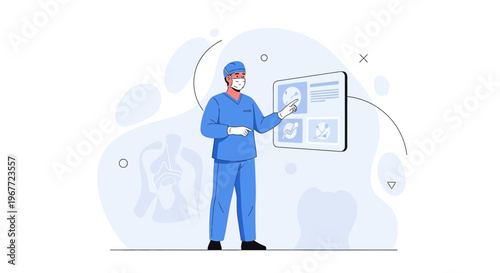 Doctor presenting medical scan results on a futuristic screen, healthcare concept