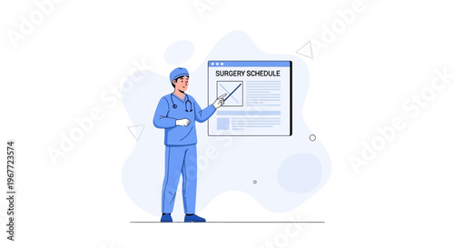 Doctor presenting surgery schedule on a digital screen with a pointer