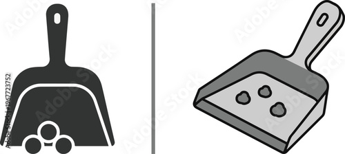 Minimalist vector icons of dustpans. Includes a dark grey silhouette collecting round debris and a 3D isometric version with a light grey finish. Perfect for cleaning and maintenance themes.