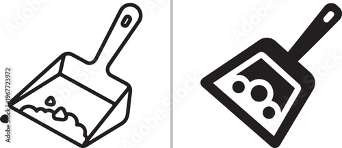 Minimalist vector icons of dustpans for cleanup. Features a clean black outline version and a bold solid silhouette version, both showing collected debris. Perfect for cleaning and maintenance.