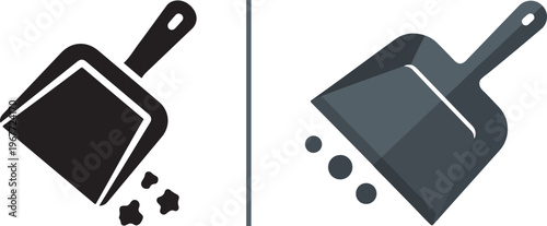 Minimalist vector icons of dustpans collecting debris. Featuring a solid black silhouette and a dark grey shaded version, these icons represent cleaning, tidying, and maintenance concepts.