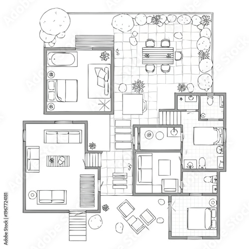 Architectural Floor Plan Design Layout Of A Modern Residence Showing Interior Rooms And Exterior Patio Area With Dining Furniture And Outdoor Seating