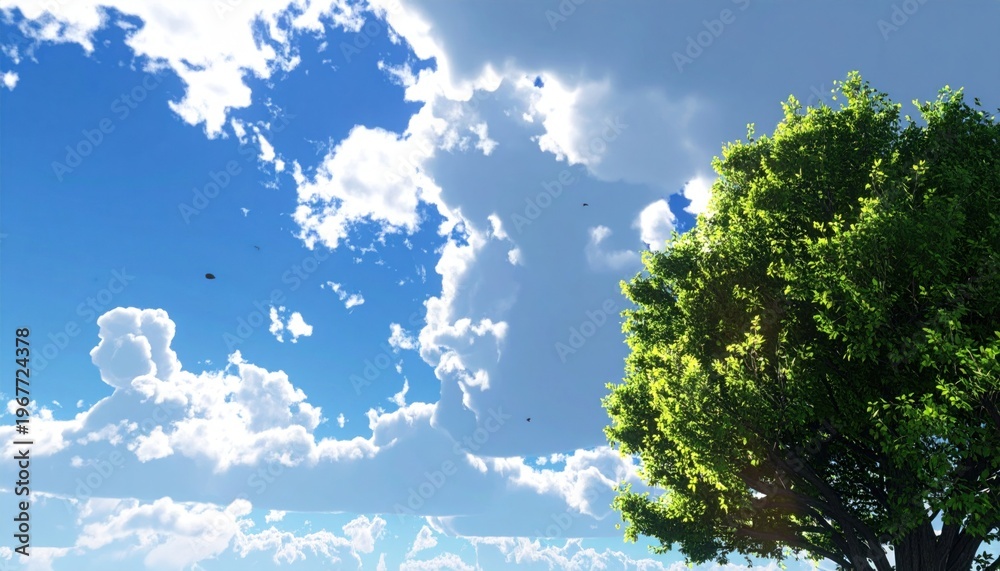 Fototapeta premium Bright blue sky with puffy white clouds, sunlight on a lush green tree