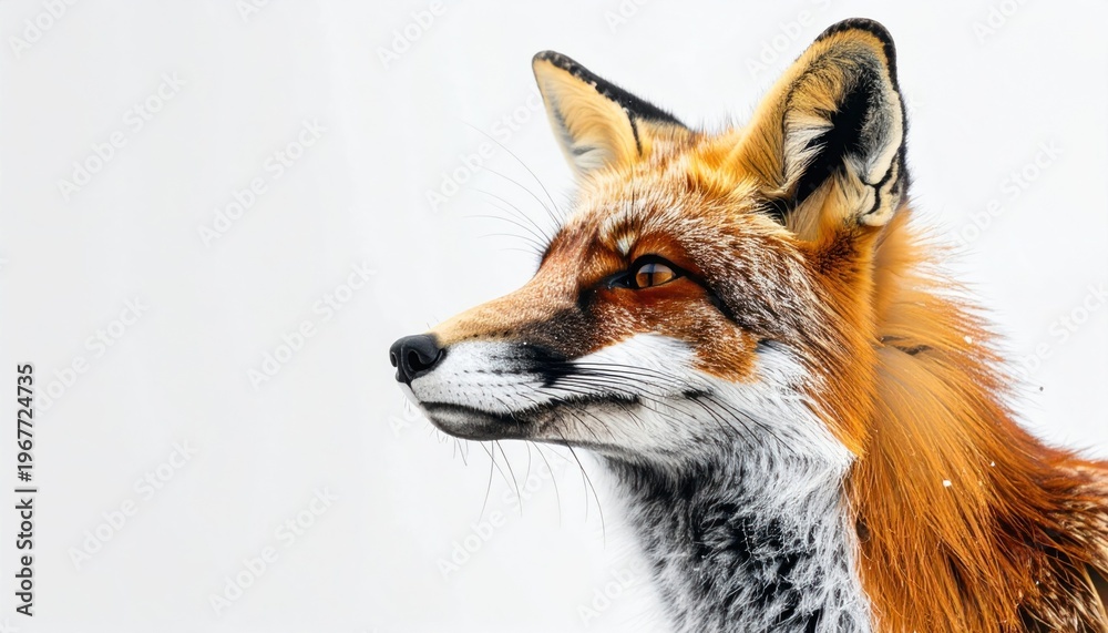 Fototapeta premium Close-up of a fox's head in profile against a bright white background, detailed fur