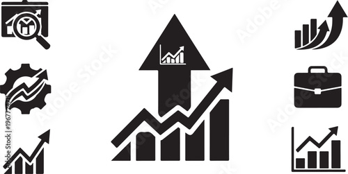 Business Growth and Finance Icons in Black and White Color