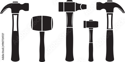 Collection of hammers in black silhouette on white background