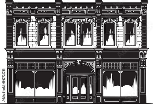 Black and white illustration of a damaged historic building facade