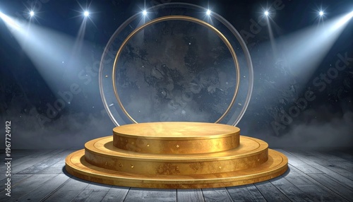 A gold, tiered pedestal stage with a circular backdrop, lit by spotlights and fog