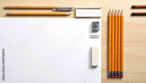 Blank paper with pencils and erasers on a wooden table, top view, ready for drawing or writing.