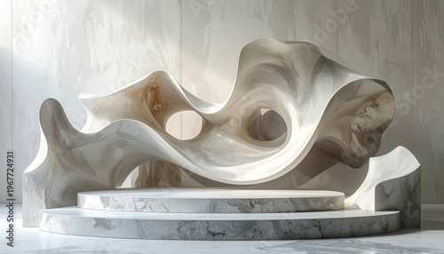 Sculptural marble podium and abstract flowing design, creating a minimalist elegant aesthetic