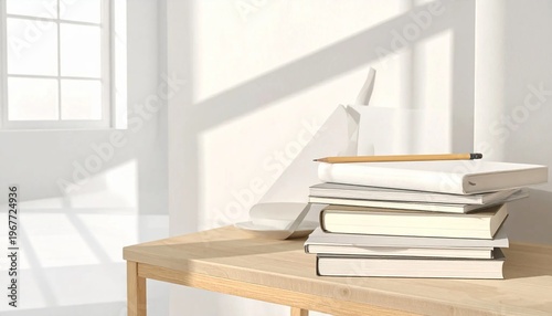 Bright Room with Stack of Books and Pencil on Wooden Table.