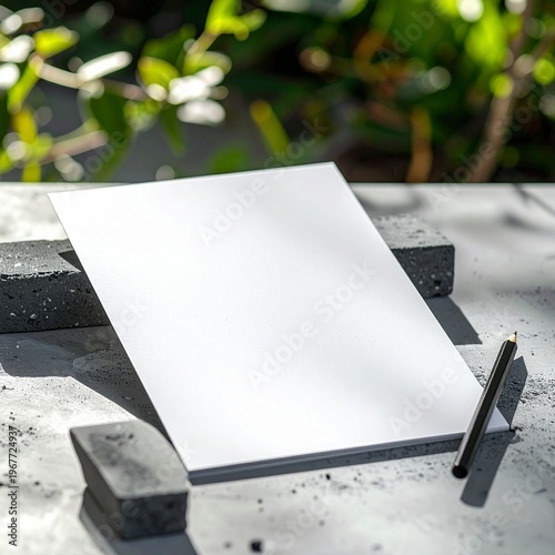 Blank White Paper Sheet with Pencil and Eraser on Concrete Surface.