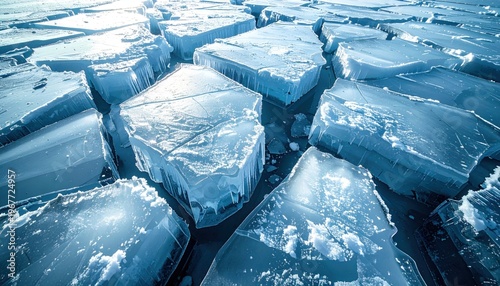 Chunks of fractured ice floating on water, illuminated by sunlight