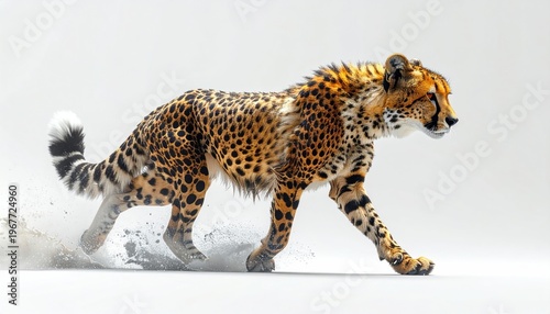 A cheetah strides confidently across a light-toned background, legs outstretched in full motion