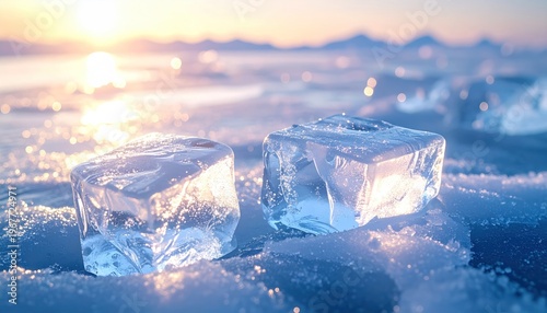 Sunlit ice cubes on a frozen lake, backlit by a bright sunset, with mountains in the distance