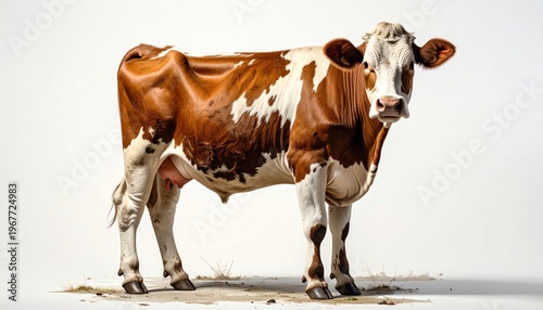 Dairy cow with brown and white markings stands, facing forward, on a white background