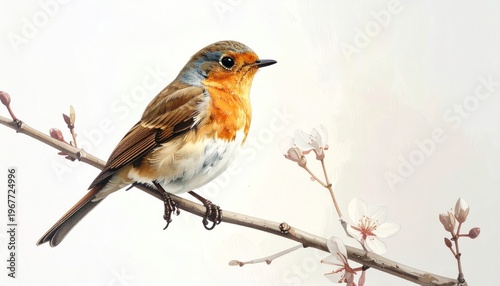 A vibrantly colored bird with orange breast sits on a slender branch with delicate white flowers