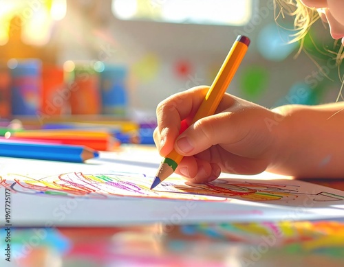 Childs Hand Drawing with Colorful Pencils on Paper.