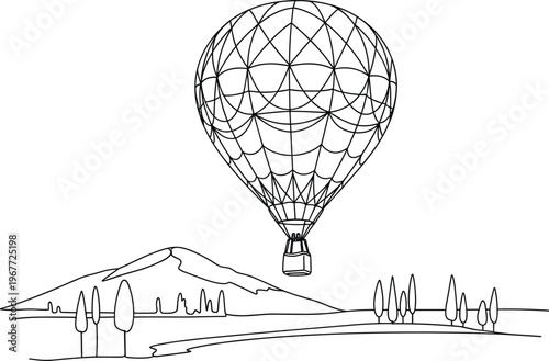 Beautiful hot air balloon flying over mountain landscape and countryside fields in minimalist black and white line art.