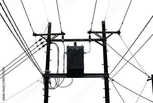 Electrical utility pole illustration with transformer, insulators, crossarms, and multiple power lines, detailed infrastructure artwork showing electricity distribution system