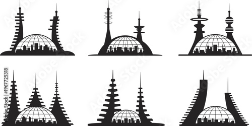 Futuristic cityscape silhouettes with domed structures, advanced towers, antennas, and geometric spires, symbolizing modern architecture, science fiction metropolis, innovation