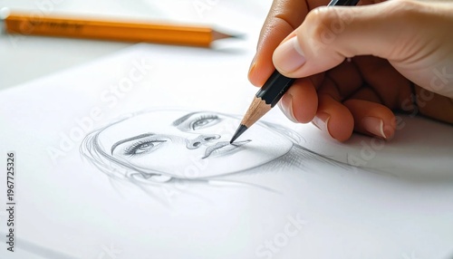 Close-up of a hand drawing a womans face with a pencil on white paper, showcasing artistic skill and creative process.