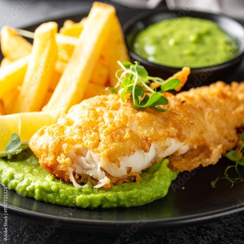 Classic Fish and Chips with Mushy Peas and Lemon Wedge.