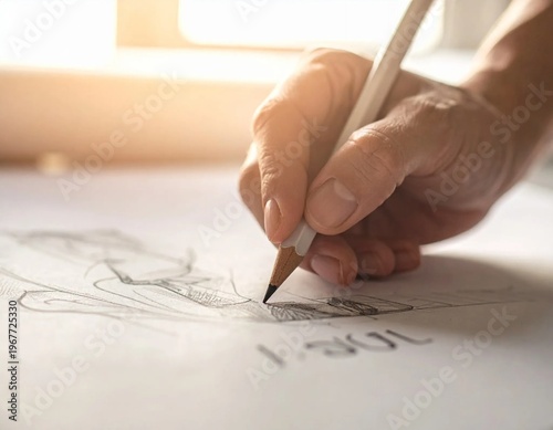 Close-up of a hand drawing with a pencil on paper, bathed in warm sunlight.