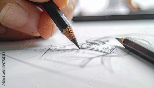 Close-up of a hand drawing with a pencil on white paper, illustrating artistic creation and design process.