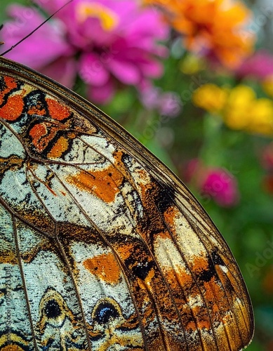 Close-up of a butterfly wing with vibrant flowers in the background.
