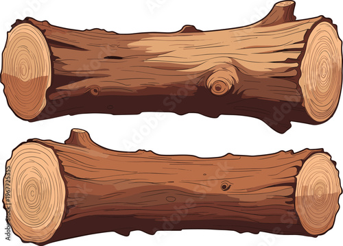 Illustration of two wooden logs with visible growth rings, natural wood grain texture, knots and branch stubs, realistic organic material artwork for design and education.