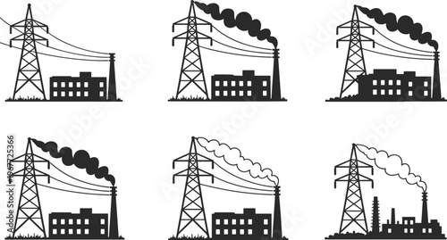 Industrial power plant silhouettes with smokestacks emitting pollution and electrical transmission towers, representing energy production, manufacturing infrastructure, electricity generation,