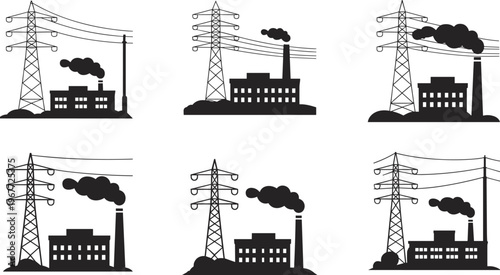Industrial factory silhouettes with chimneys emitting smoke and power transmission towers, symbolizing energy production, manufacturing infrastructure, electricity supply