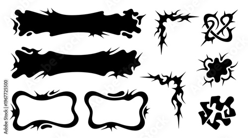 Set of black neo tribal vector long banners, spiky Y2K gothic corner shapes, and fluid abstract icons for edgy streetwear logos and tattoo designs