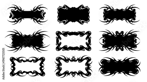Collection of black Y2K tribal banners, liquid gothic border frames, and cyber vector shapes. Ideal for streetwear labels, tattoo or edgy logo design