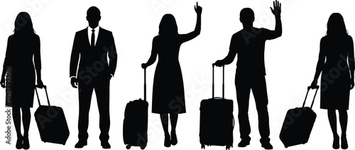 Silhouette illustration of five travelers standing with suitcases, diverse postures and attire, representing airport departure, business and leisure travel, mobility, and journey artwork themes