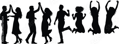 Silhouette illustration of people in dynamic poses, pairs interacting and individuals jumping with raised arms, joyful celebration artwork representing energy, motion, dance
