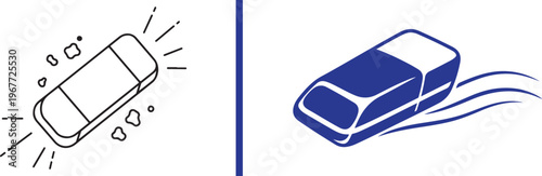 Minimalist blue vector icons of erasers. Includes an outline version with debris and radiating lines, plus a 3D perspective version with wavy motion trails. Perfect for edit and correction themes.