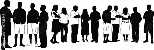 Silhouette illustration of twelve people standing in line, diverse postures and clothing styles, representing casual and semi‑formal attire, body language, interaction, and demographic artwork themes