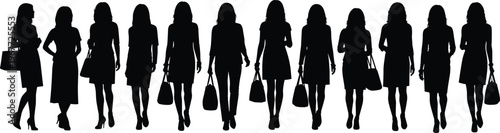 Silhouette illustration of twelve people standing with handbags, diverse postures and clothing styles, representing business attire, casual fashion, group identity, and demographic artwork themes