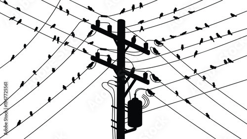 Silhouette of utility pole with multiple power lines, perched birds creating natural pattern, industrial structure blending with wildlife, environmental illustration of human‑made and natura