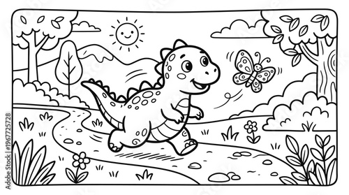 Smiling Dinosaur Running in Field.