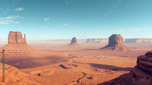 Desert buttes at sunrise with warm golden light and clear sky