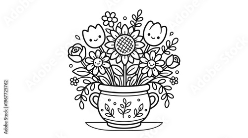 Colorful flowers in a teacup arrangement.