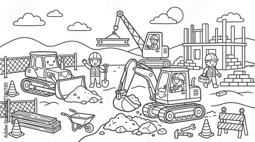 Excavator machine on construction site works.